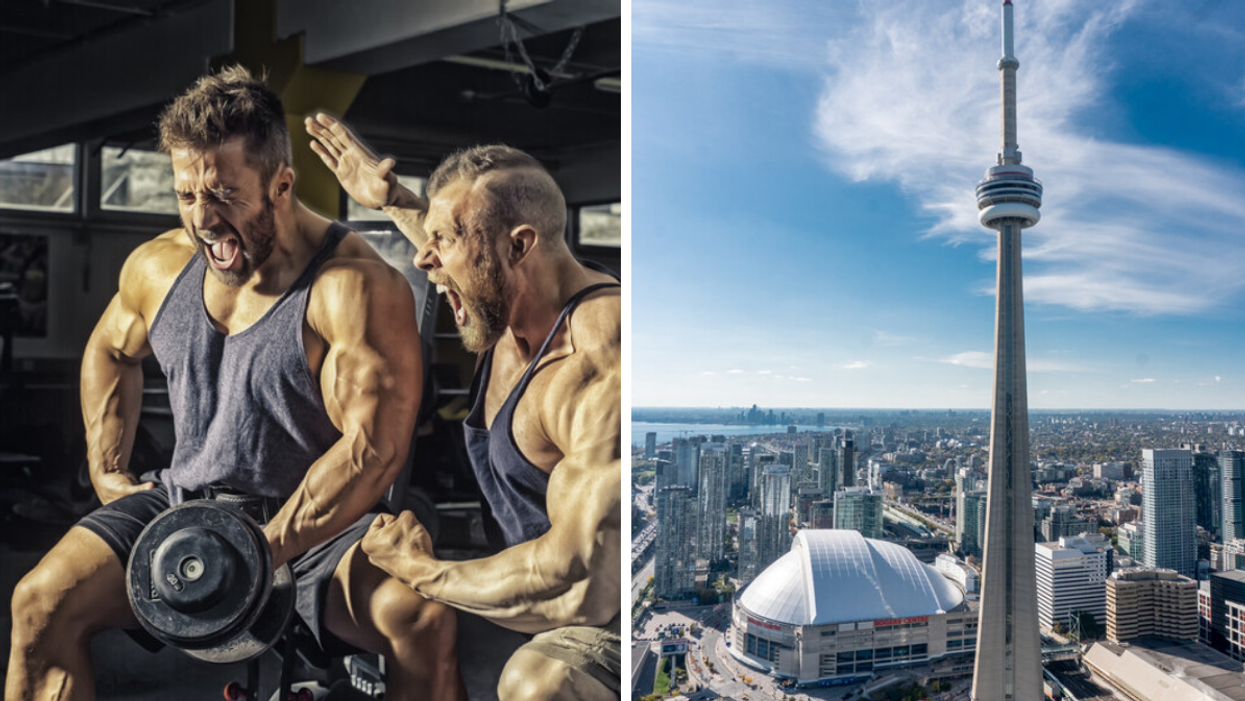 Two men working out in the gym. Right: CN Tower.