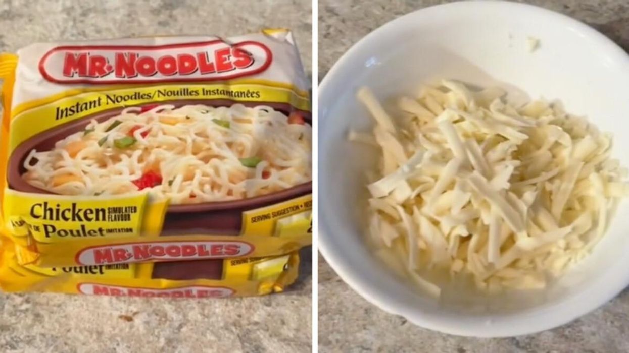Two Mr. Noodles packages. Right: A bowl of cheese.