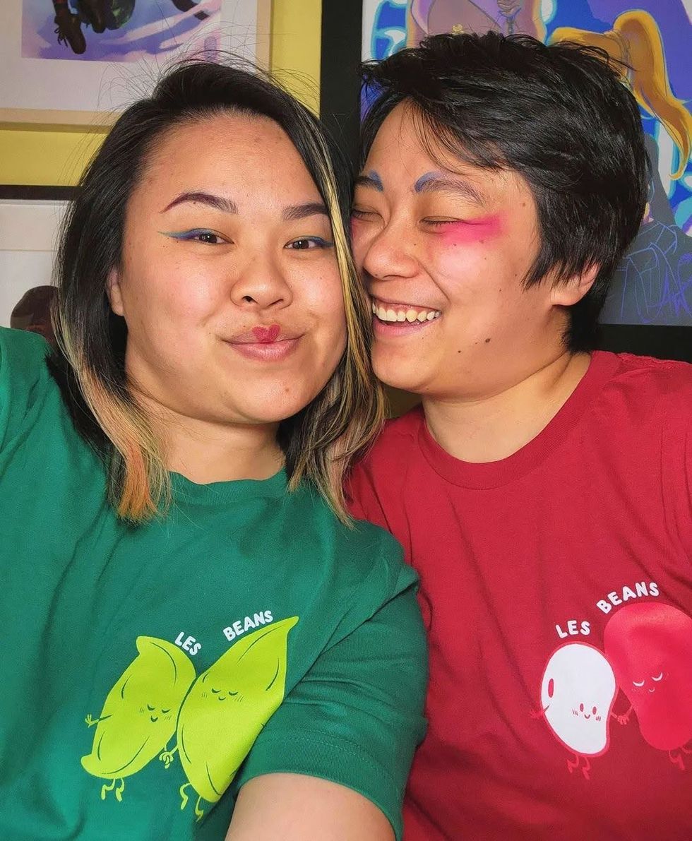 Two of MUKA's co-owners modelling MUKA shirts.