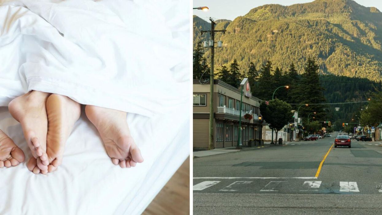 Two pairs of feet on a bed. Right: a small town in B.C.