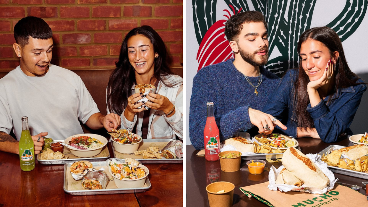 Two pairs of friends enjoy Mucho Burrito meals at separate tables. On the left, a man and woman laugh over burrito bowls, chips, and Jarritos., Right: A man points at a burrito bowl while his friend smiles with her head resting on her hand, surrounded by tacos, chips, and salsa.