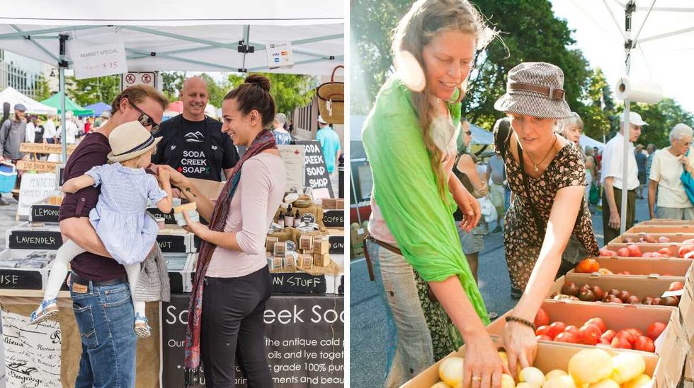 Two parents and their child at a stand at the Penticton Farmers' Market. Right: Two people shop for fresh produce at the Penticton Farmer's Market