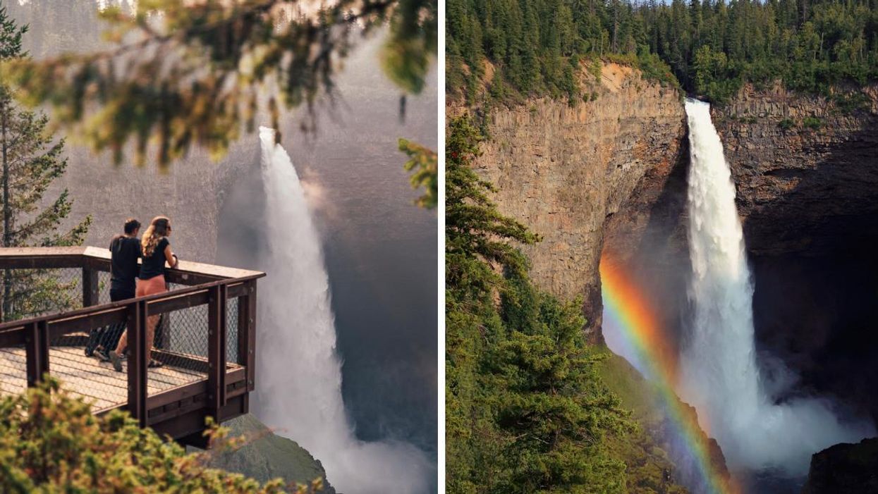 Two people admiring Helmcken Falls. Right: Helmcken Falls.