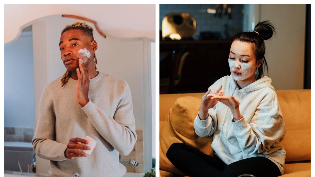 Two people applying skincare cream to their faces.