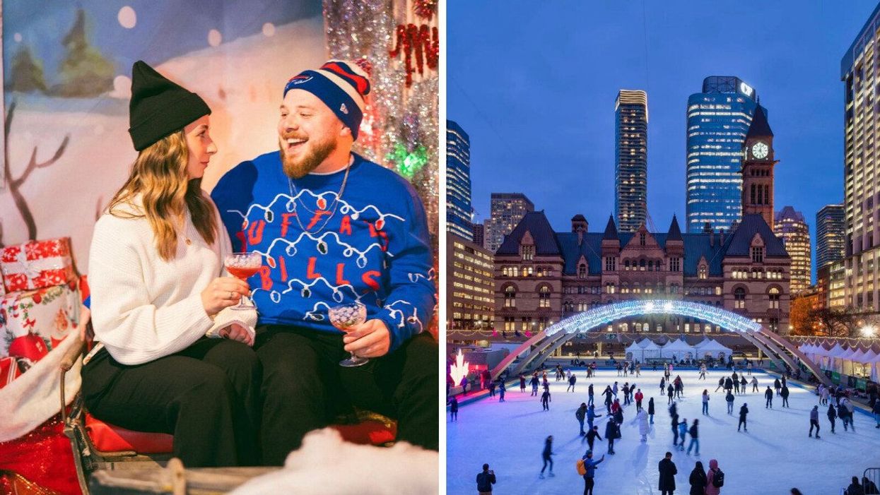 Two people at a Christmas bar. Right: Nathan Phillips Square skating rink.