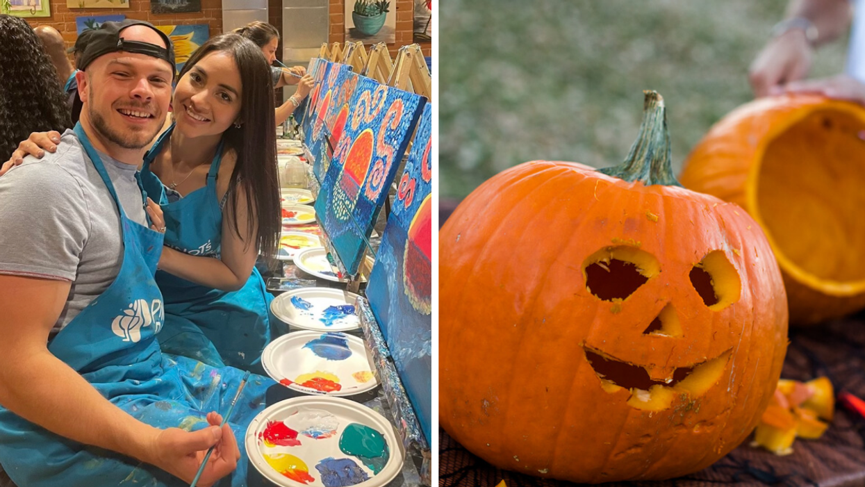 Two people at a paint night in Toronto. Right: A carved pumpkin.