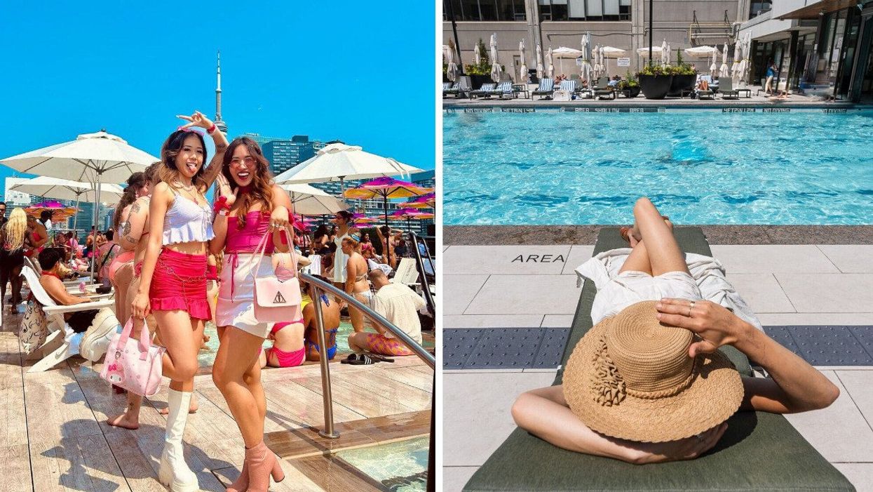 Two people at Lavelle in Toronto. Right: A person tanning in the Sheraton Centre Toronto Hotel.
