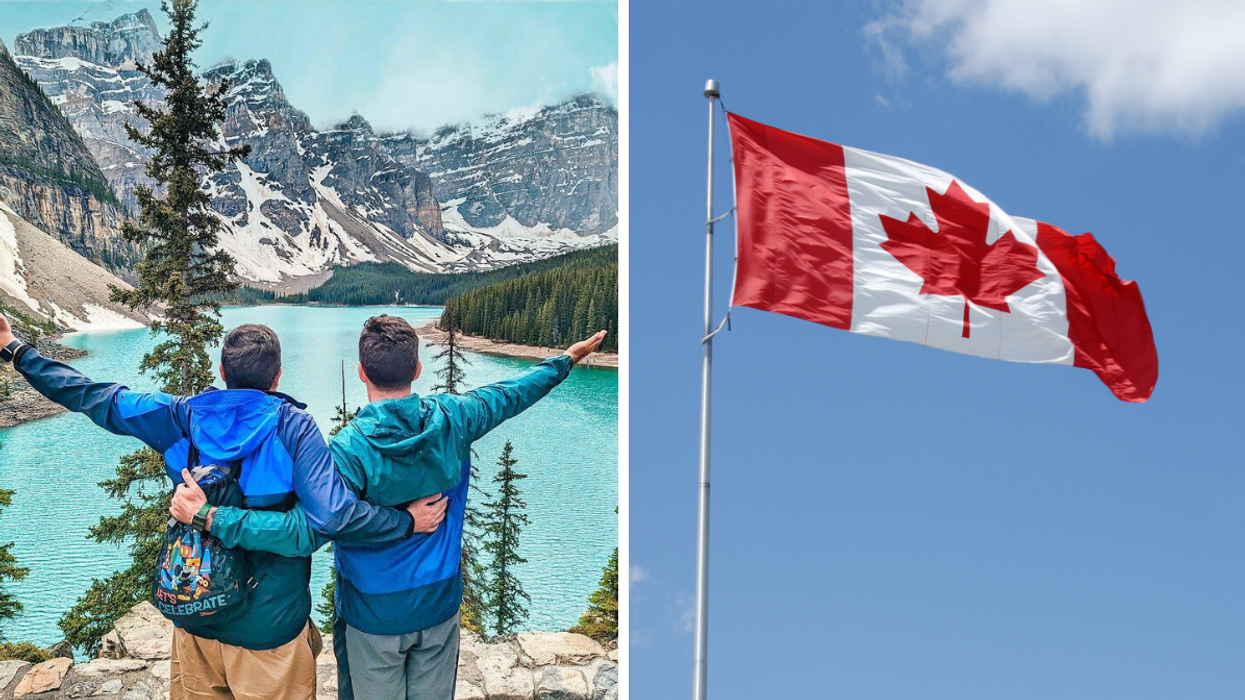 Two people at Moraine Lake. Right: Canadian flag.