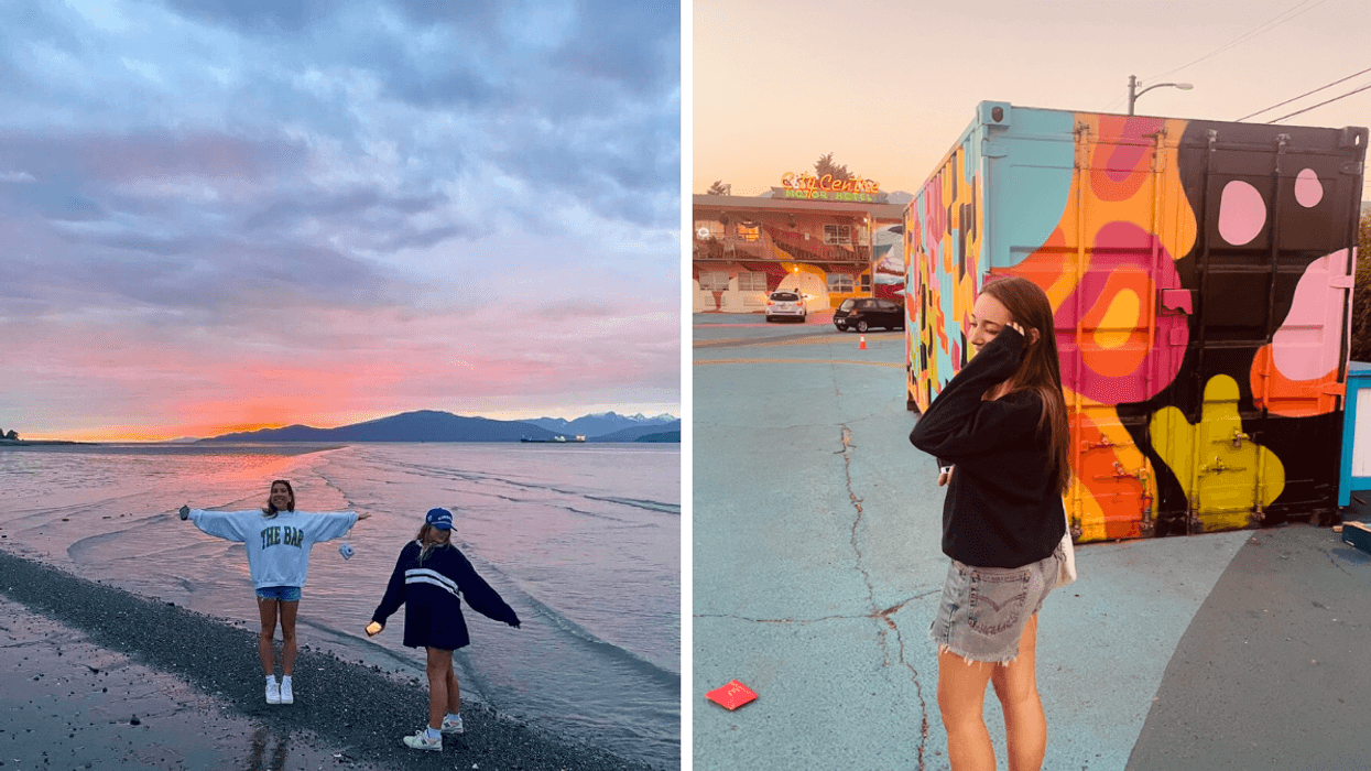 Two people at sunset on the beach. Right: Person in front of colourful motel