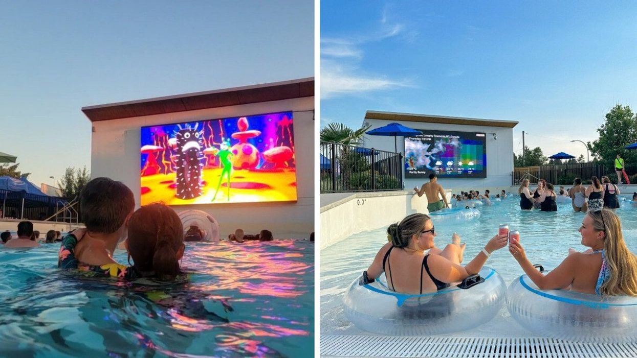 Two people at the dive-in outdoor movie in Langley.