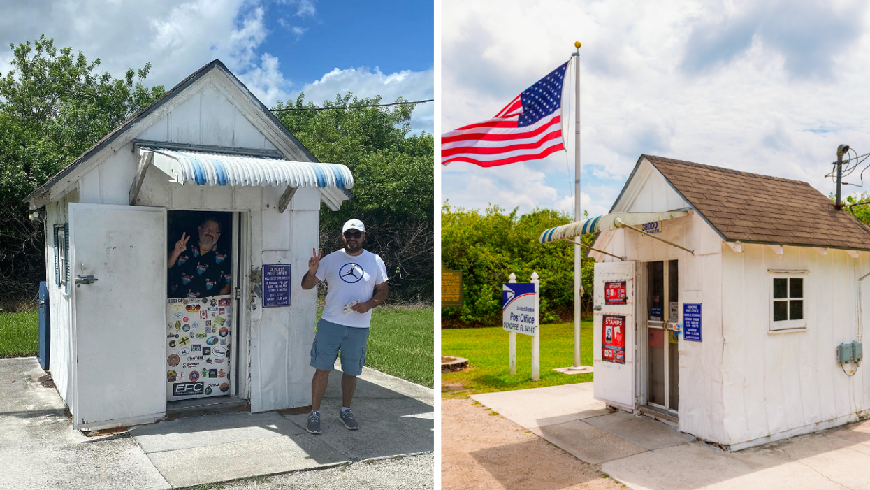Two people at the smallest post office in the U.S. Right: The smallest post office in the U.S.