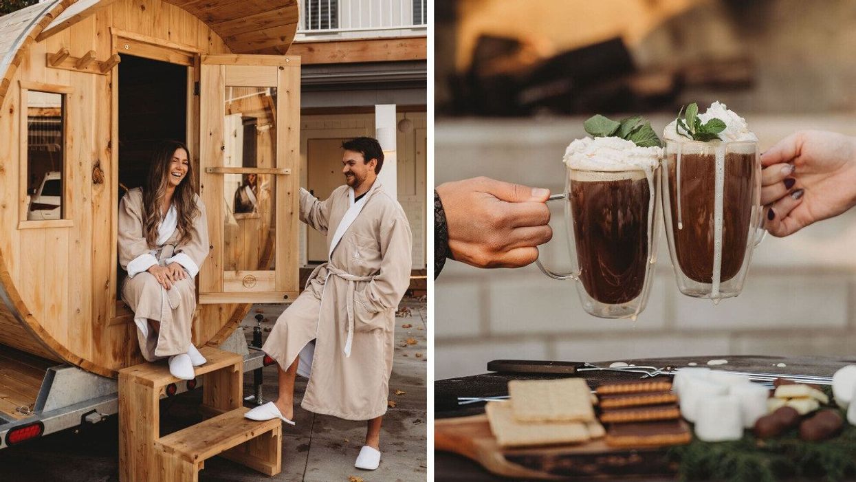 Two people by a sauna. Right: Two hot chocolate mugs.