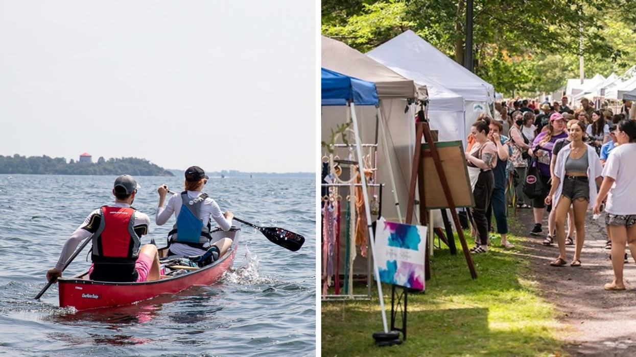 Two people canoeing on a calm lake with life jackets on. Right: A crowd of people walking through an outdoor artisan market with white vendor tents and handmade goods on display.