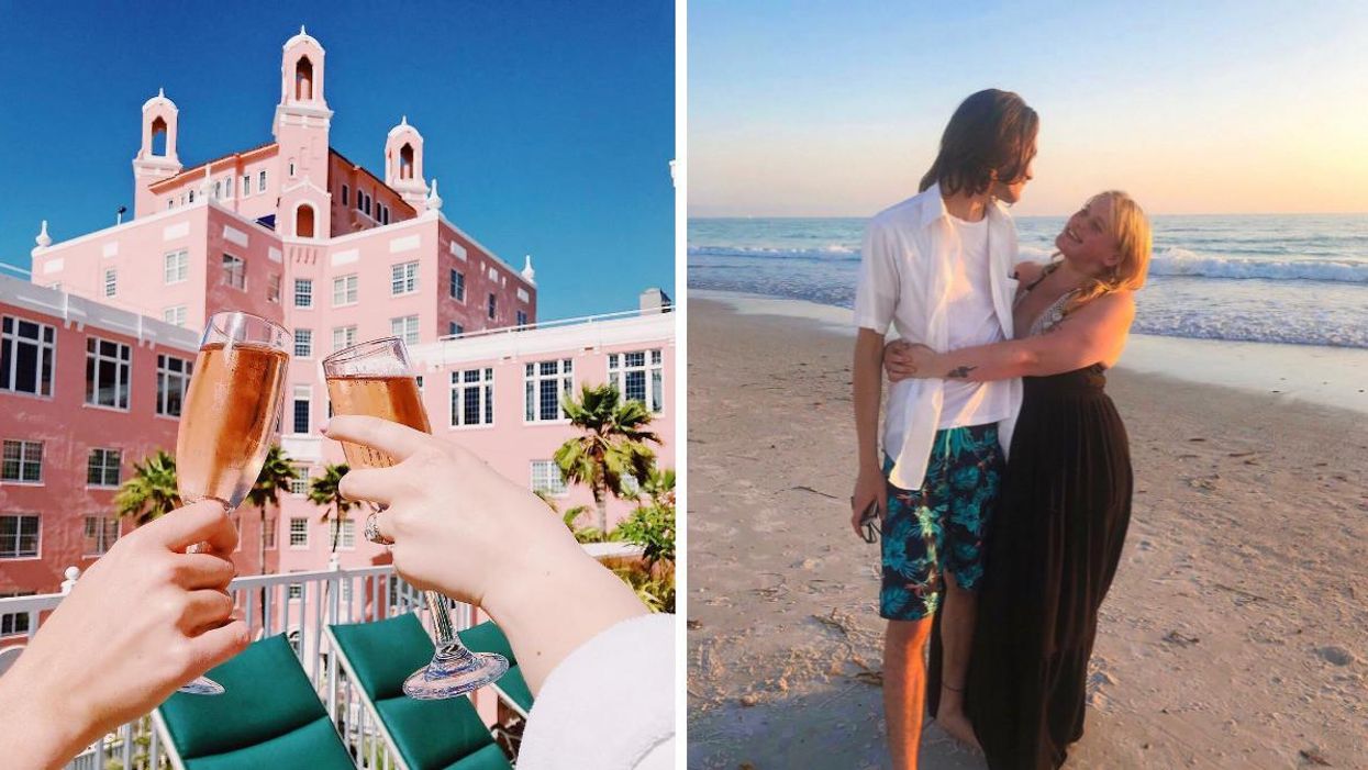 Two people cheers flutes of sparkling wine outside the Don Cesar Hotel. Right: A couple hug on the beach at sunset.