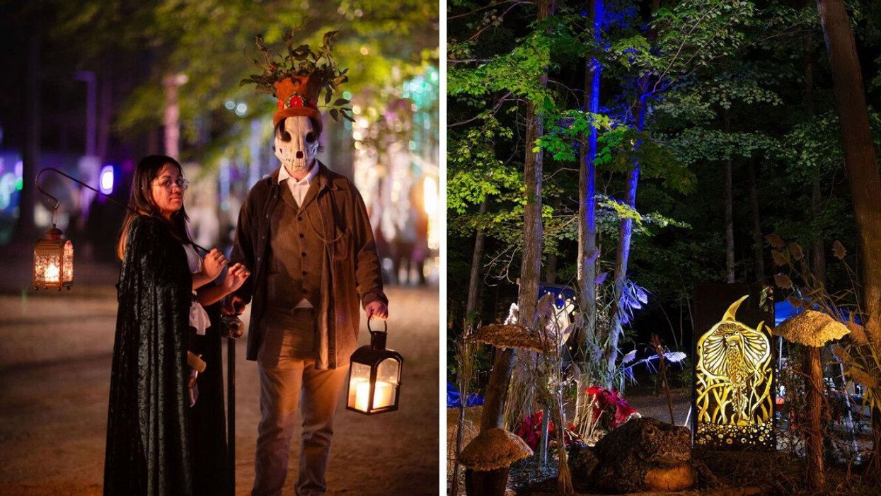 Two people dressed in fantastical costumes. Right: Whimsical forest decorations.
