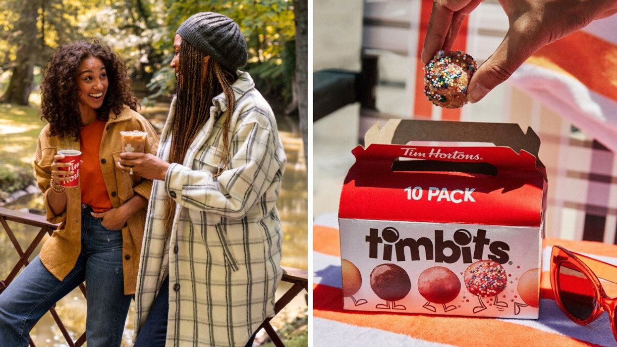 Two people drinking Tim Hortons beverages outside. Right: A person taking a birthday cake Timbit out of a box.