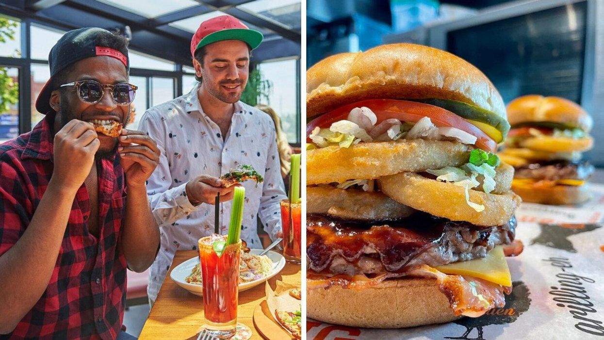 Two people eating at Boston Pizza. Right: Burgers from Harvey's.