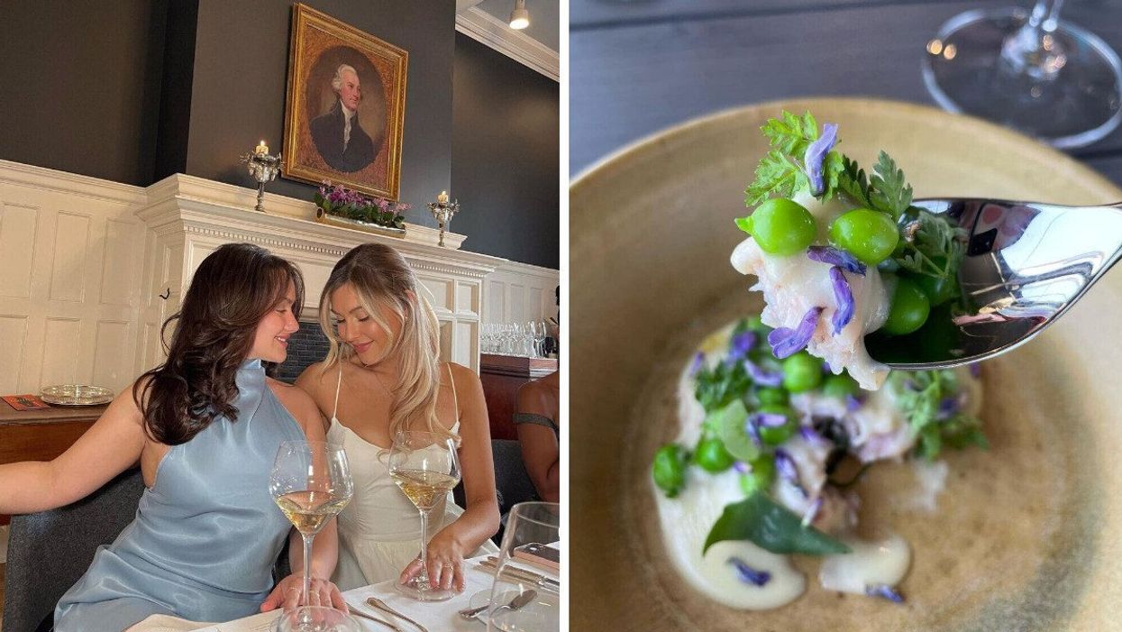Two people enjoying wine at Langdon Hall. Right: A dish at Restaurant Pearl Morissette.