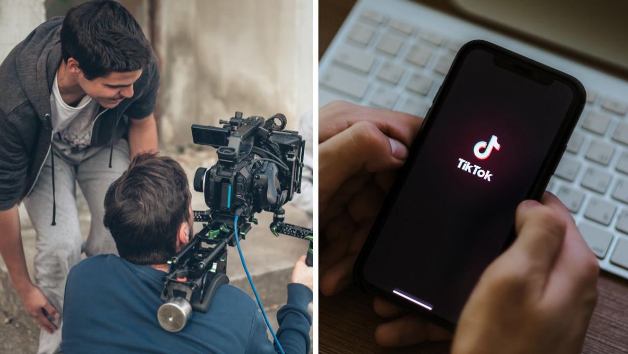 Two people filming with a camera. Right: Someone holding a phone with TikTok open.