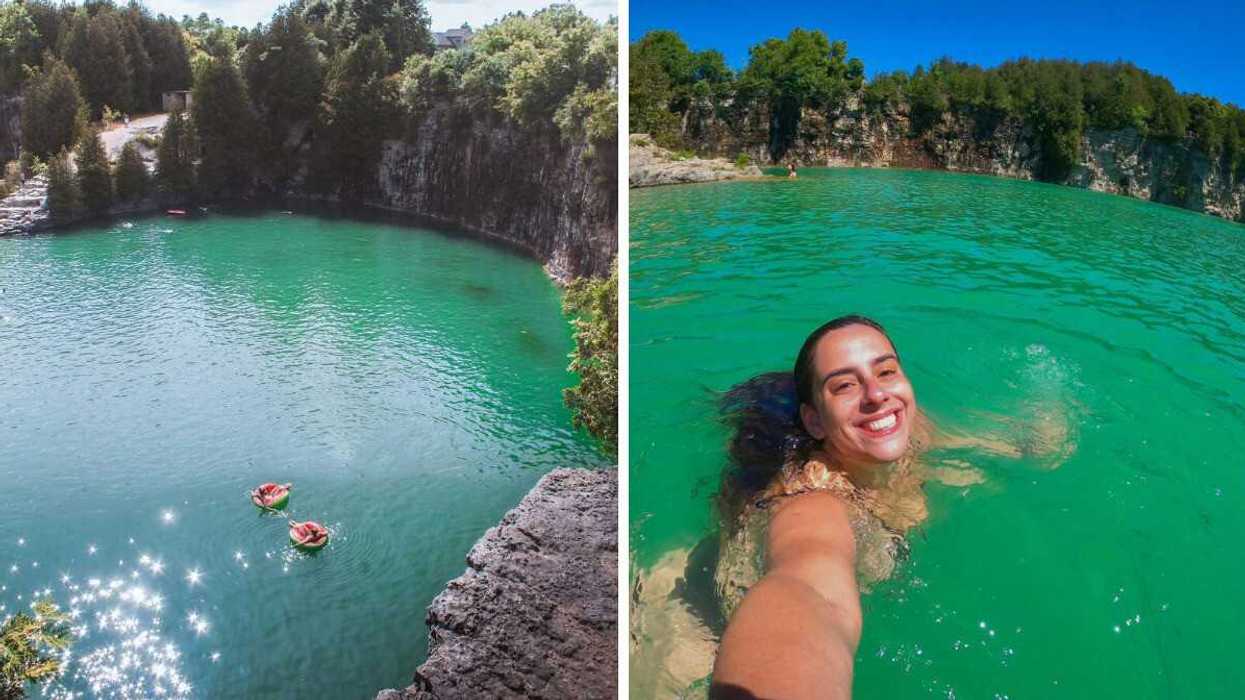 Two people floating in a body of water. Right: A person swimming.