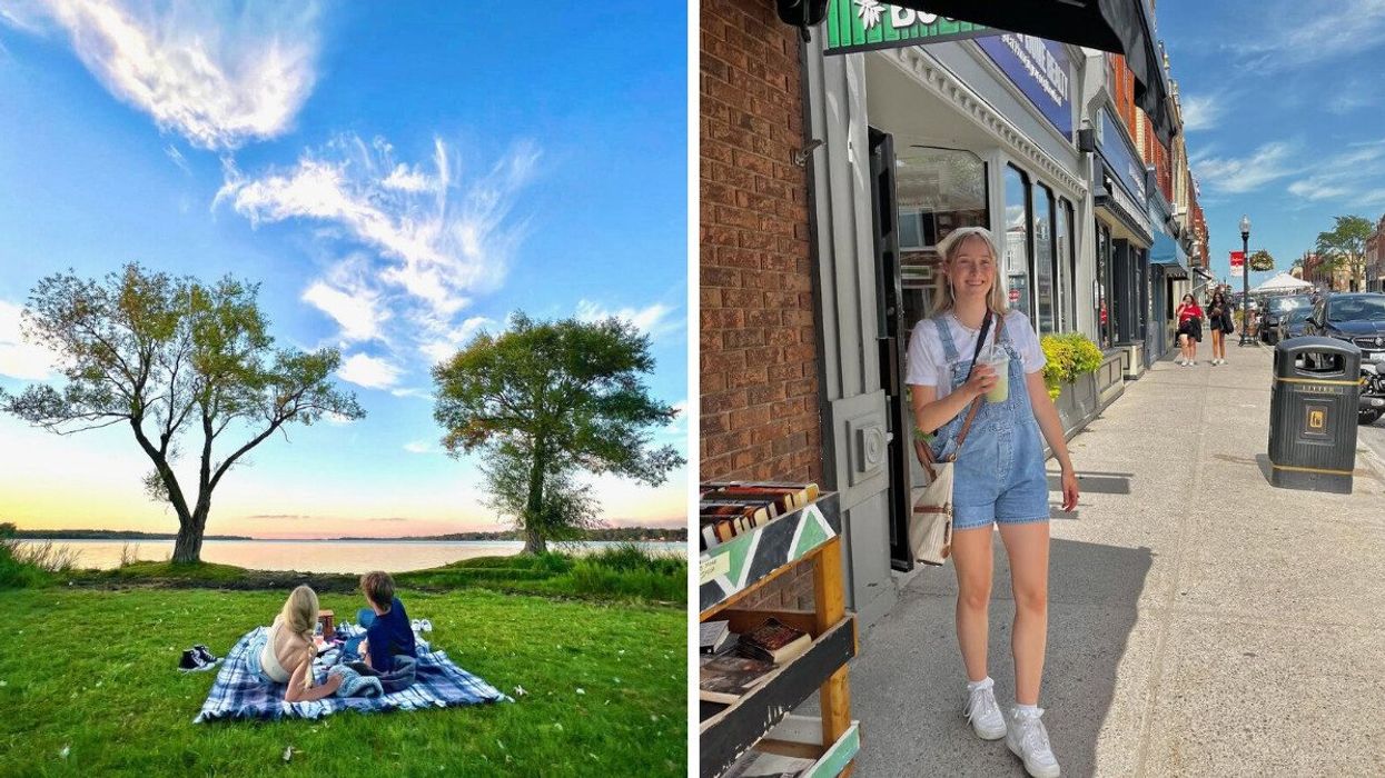 Two people having a picnic in a park. Right: A girl standing on a street.