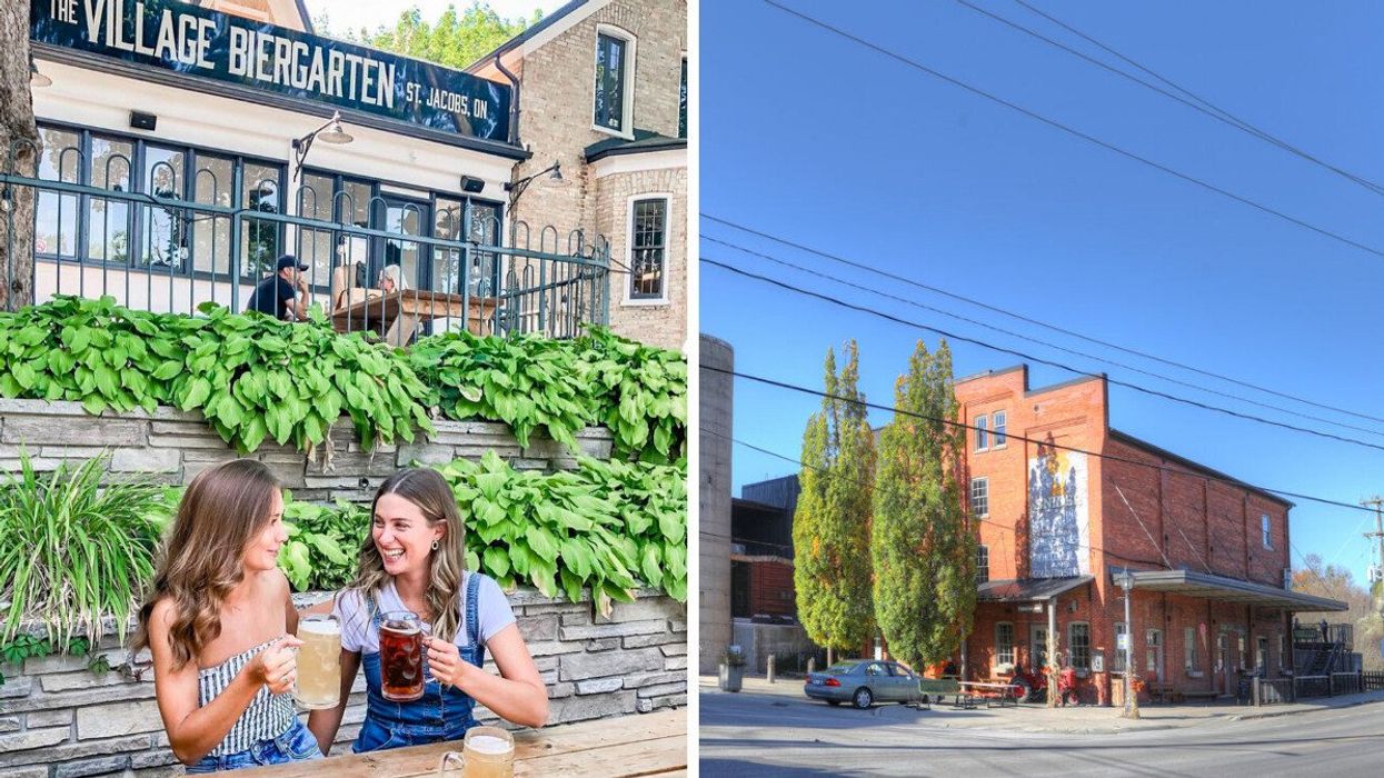 Two people holding beers on a patio. Right: A historic building.
