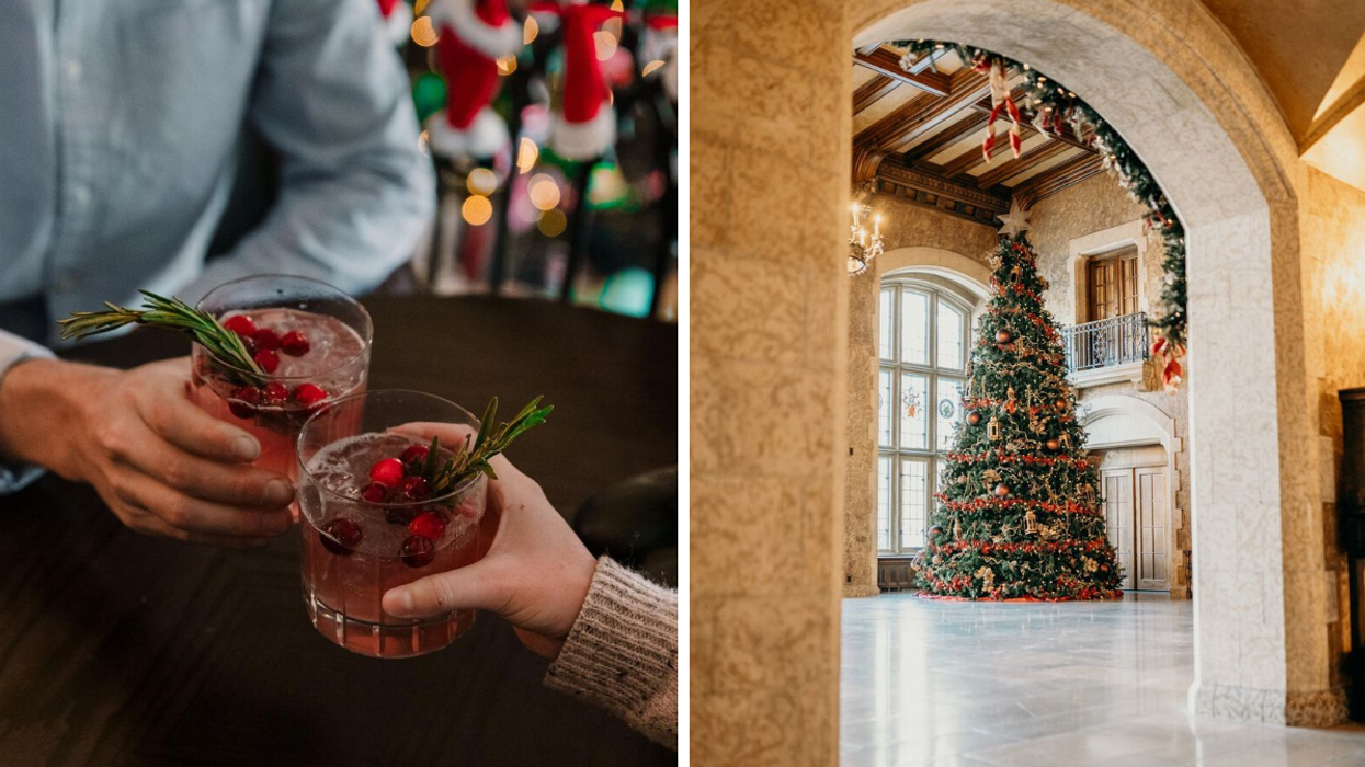 Two people holding Christmas-themed cocktails. Right: A Holiday tree at the Fairmont Banff Springs Hotel during Christmas at the Castle celebrations.