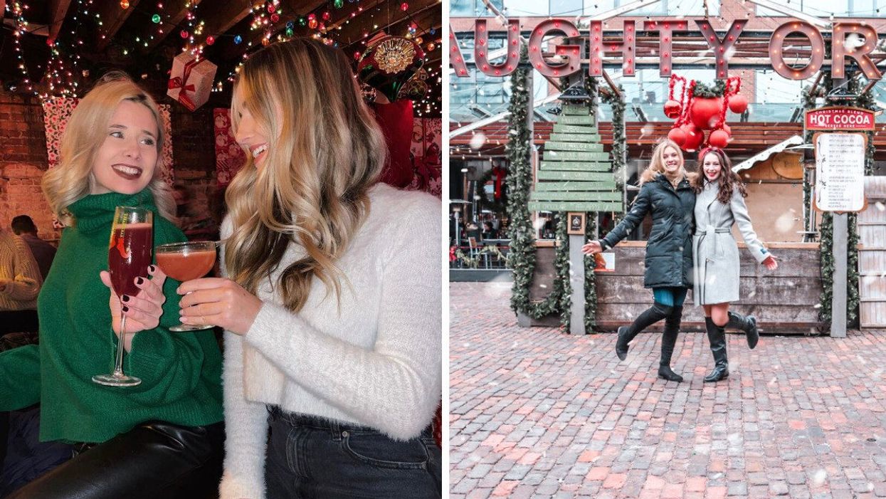 Two people holding drinks. Right: Two people at the Distillery Winter Village.