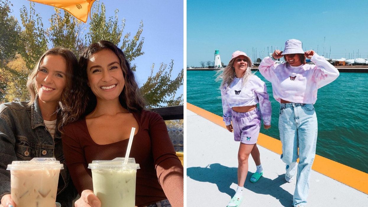 Two people holding drinks. Right: Two people by water.