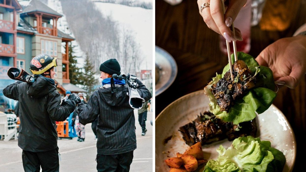 Two people holding their skiis at Blue Mountain. Right: A dish with tausi braise, bibb lettuce, and apple and pear kimchi.