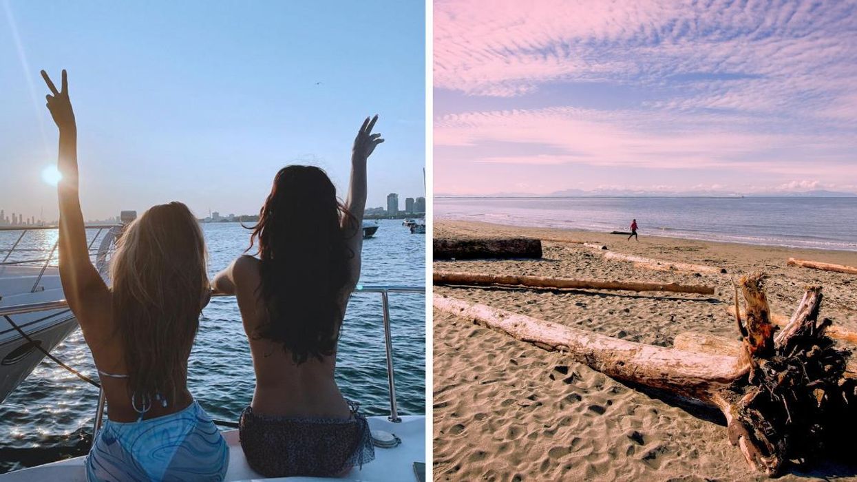 Two people holding up peace signs. Right: Wreck Beach.