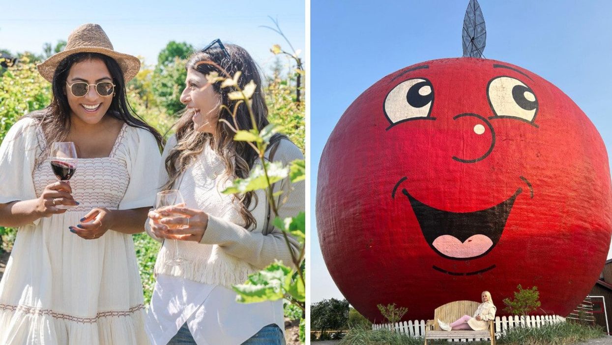 Two people holding wine glasses outside. Right: A person posing in front of The Big Apple.