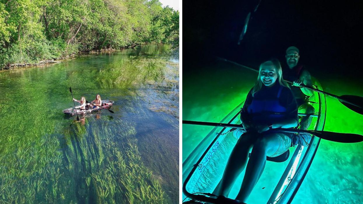 Two people in a glass-bottom kayak from Paddle SMTX floating down the clear San Marcos River. Right: A couple on the crystal kayak glow tour.
