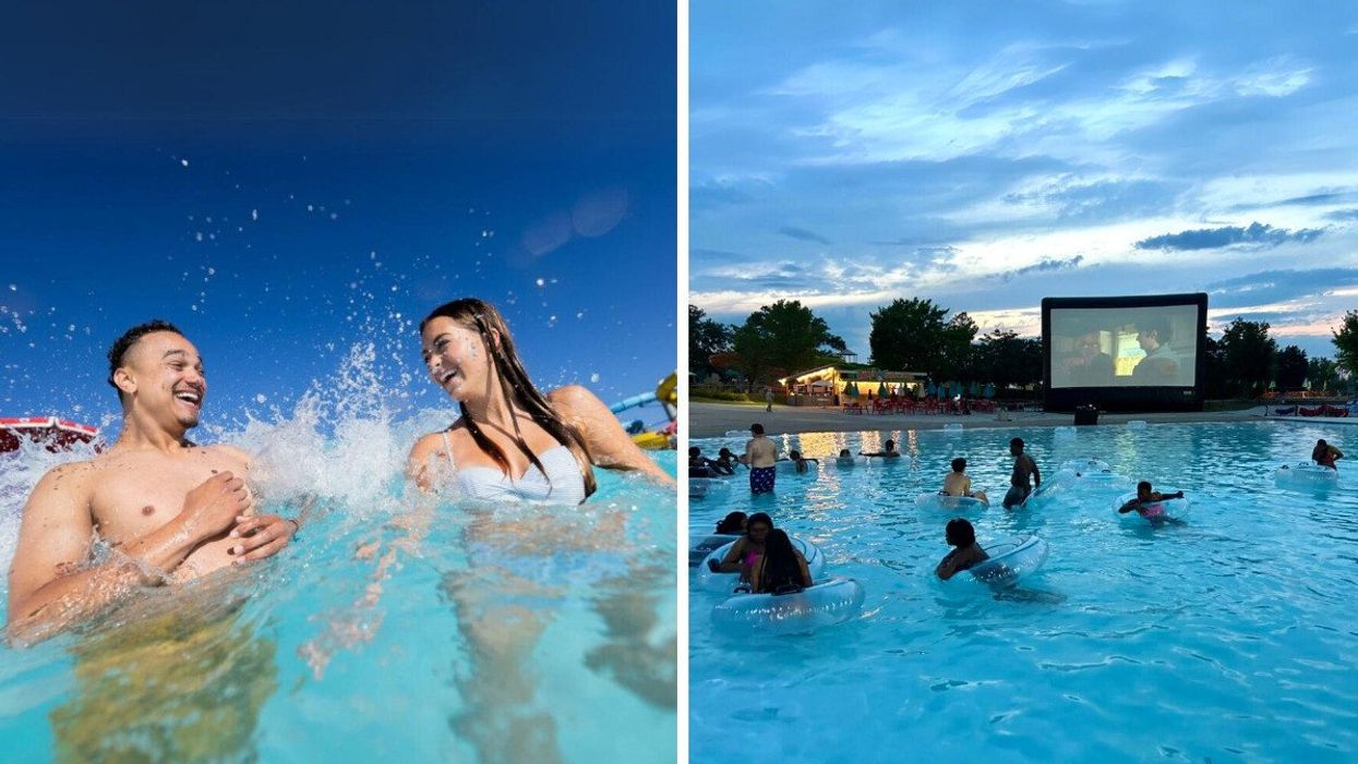 Two people in a pool. Right: People watching a film from a pool.