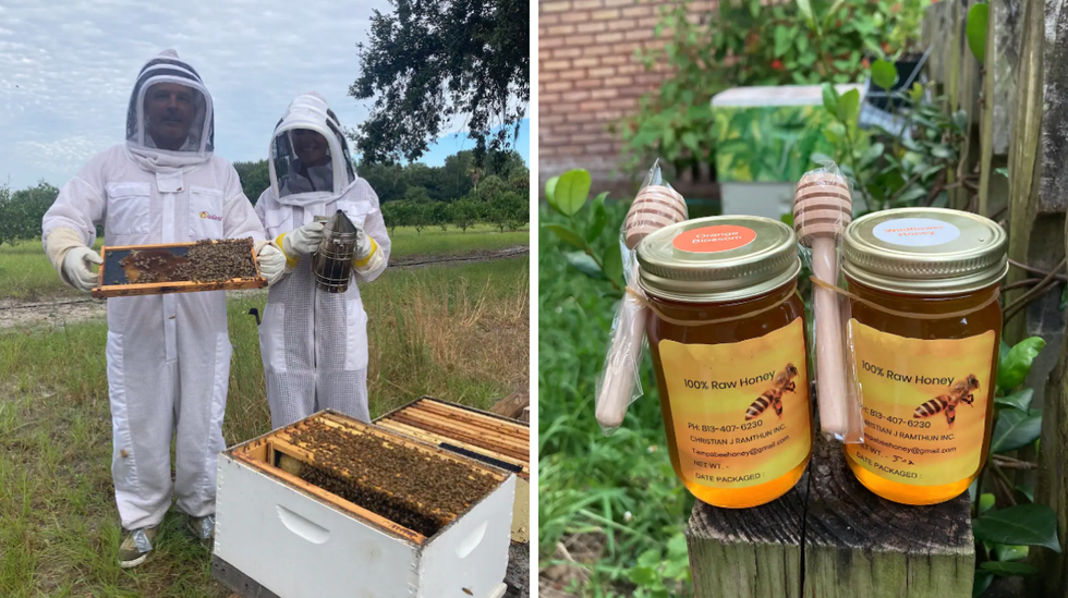 Two people in beekeeper suits holding up bees. Right: Two honey jars.