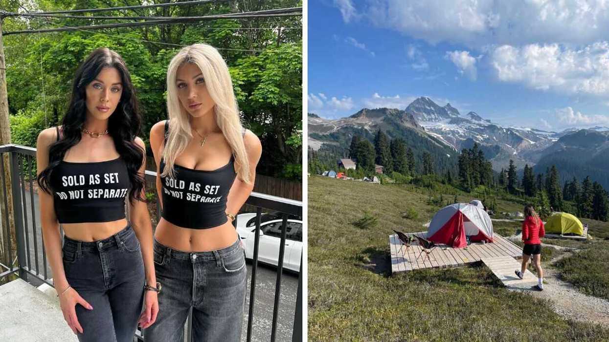 Two people in matching tank tops. Right: Tent in mountains
