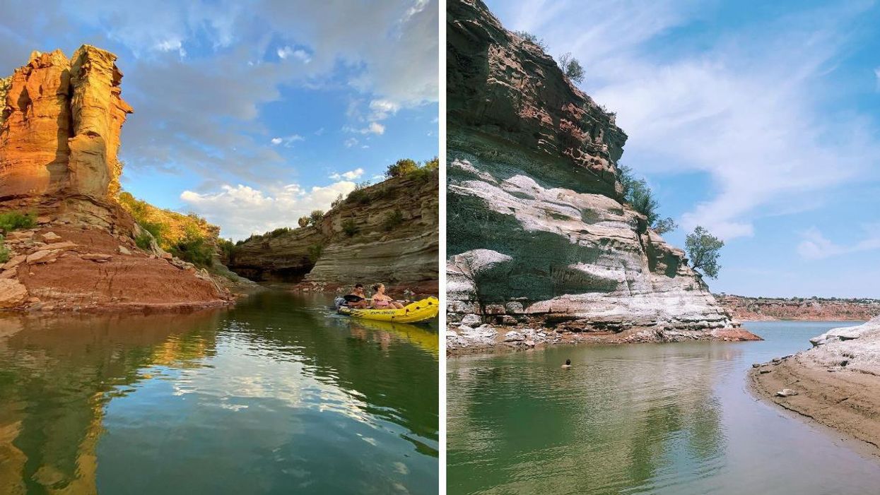 Two people kayak by one of the cap rocks on Lake Mackenzie. Right: A person swims in Lake Mackenzie.