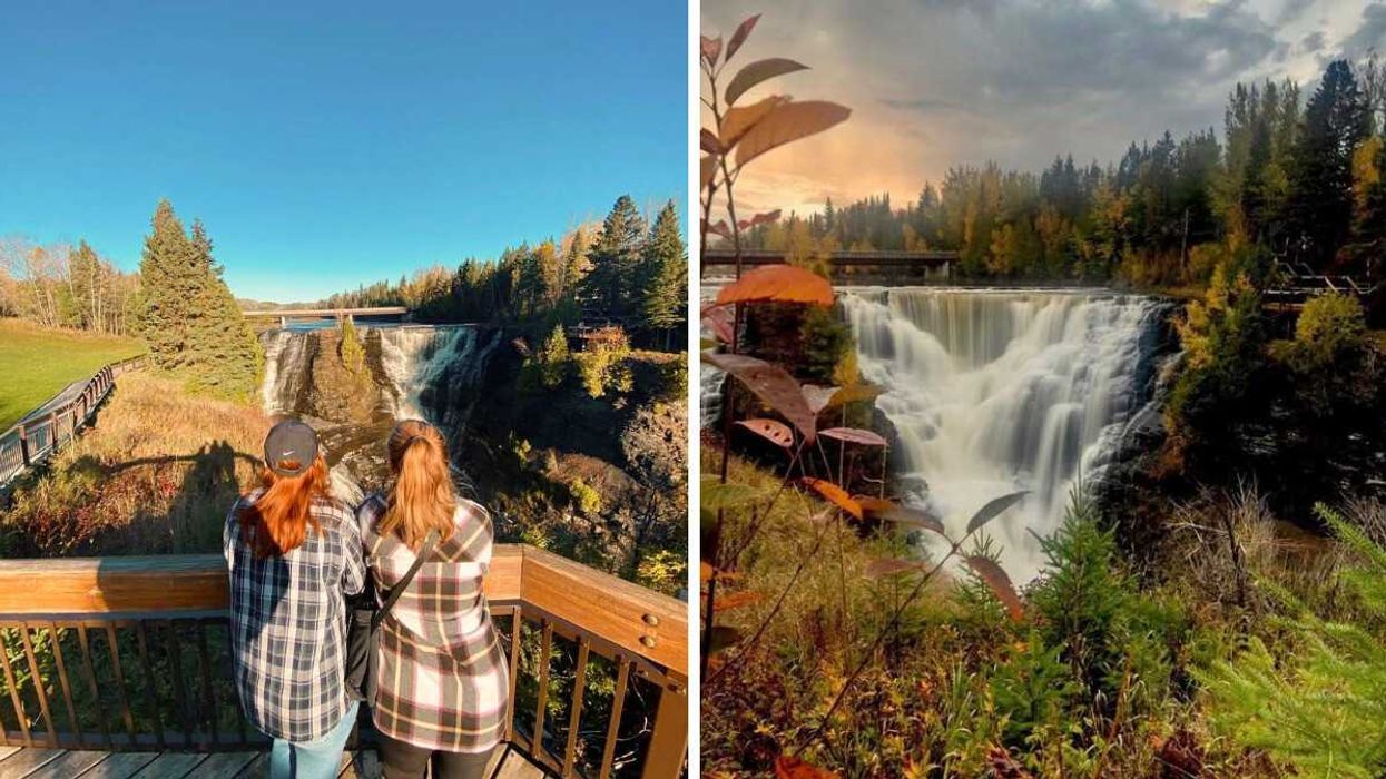 Two people looking at a waterfall. Right: A waterfall surrounded by fall foliage.