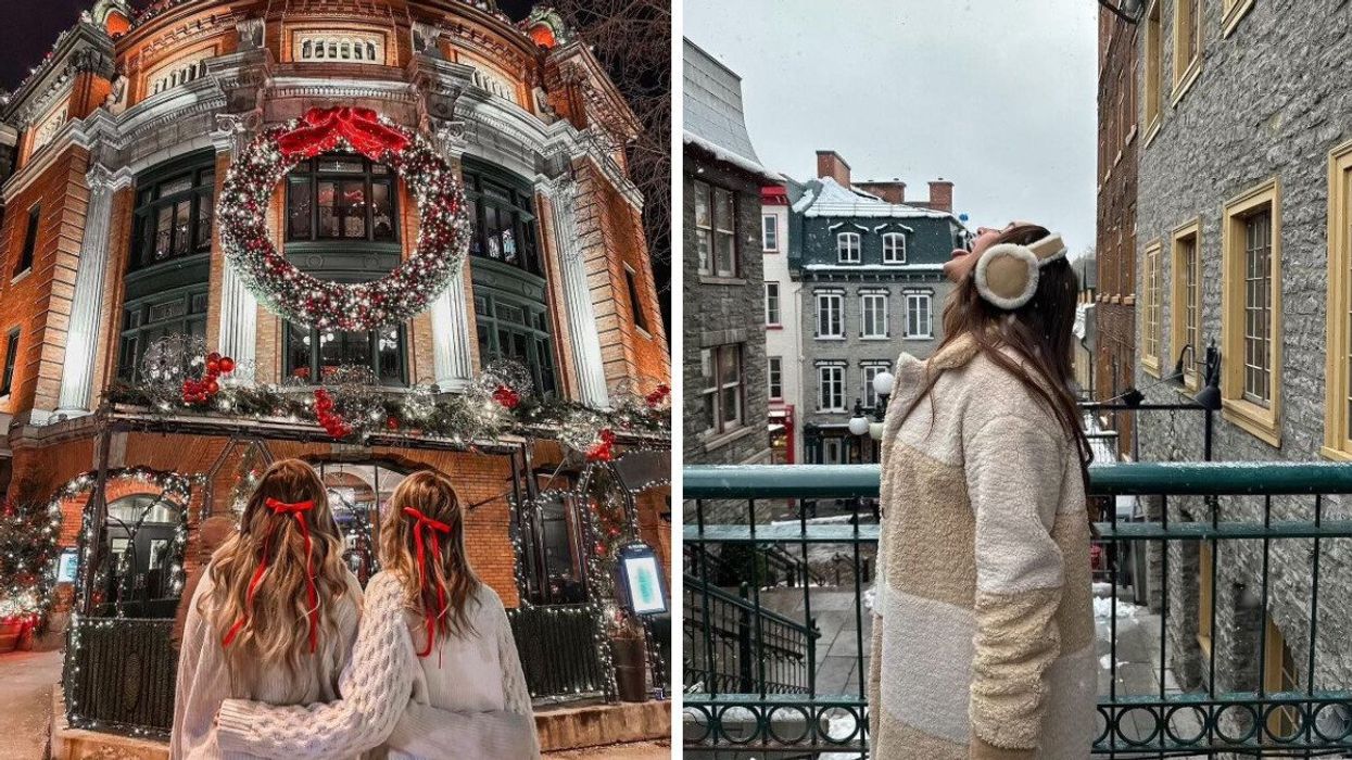 Two people looking at Christmas decorations. Right: A person standing by historic buildings.