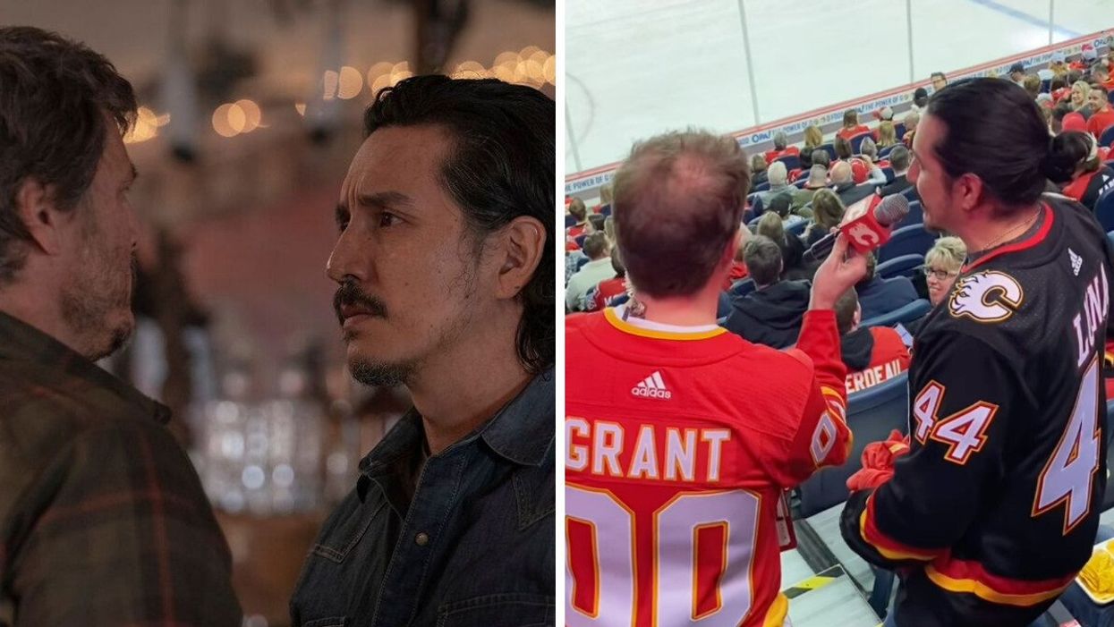 Two people looking at each other in the scene of a show. Right: One person interviewing another person at a hockey game.