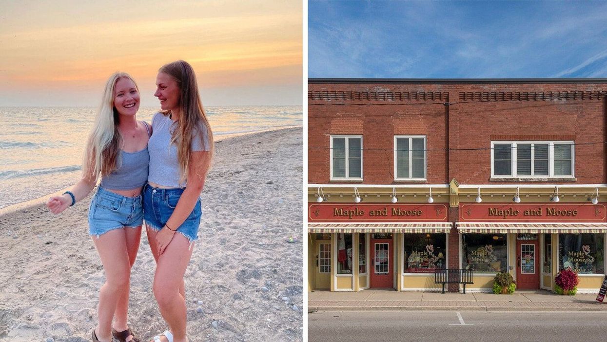 Two people on a beach. Right: A storefront.