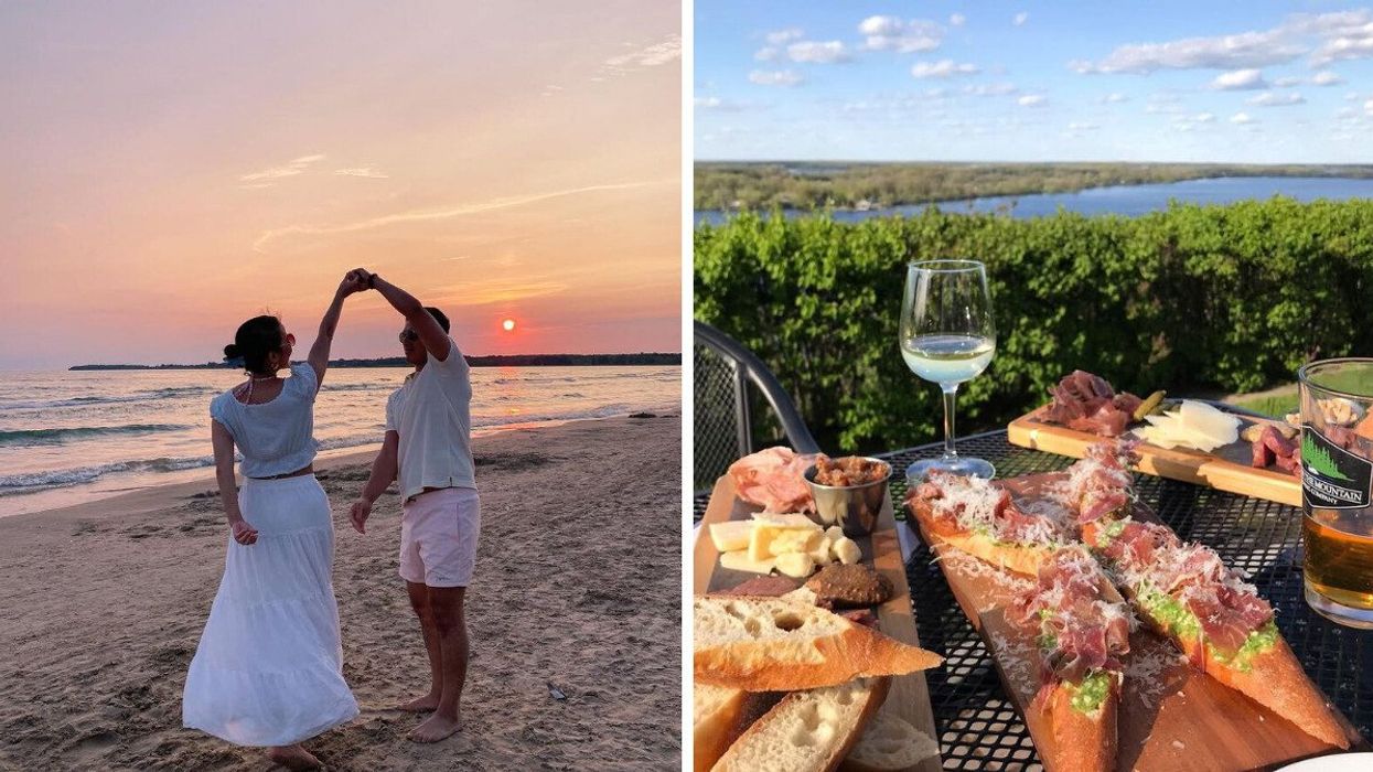 Two people on a beach. Right: A table with food and wine.