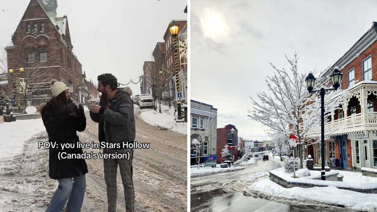 Two people on a snowy street. Right: A town during the winter.