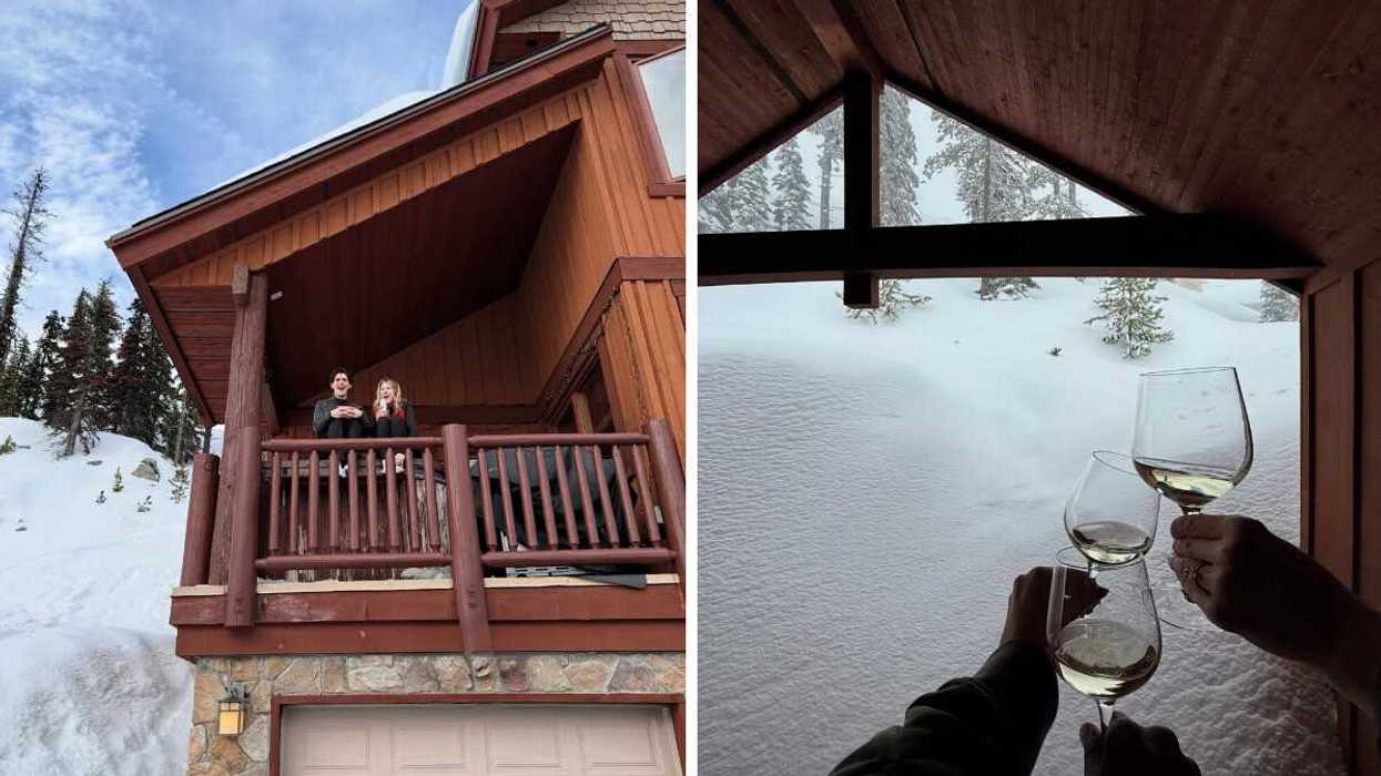 Two people on balcony at ski resort. Right: Hands hold up three glasses of wine in front of heavy snow.