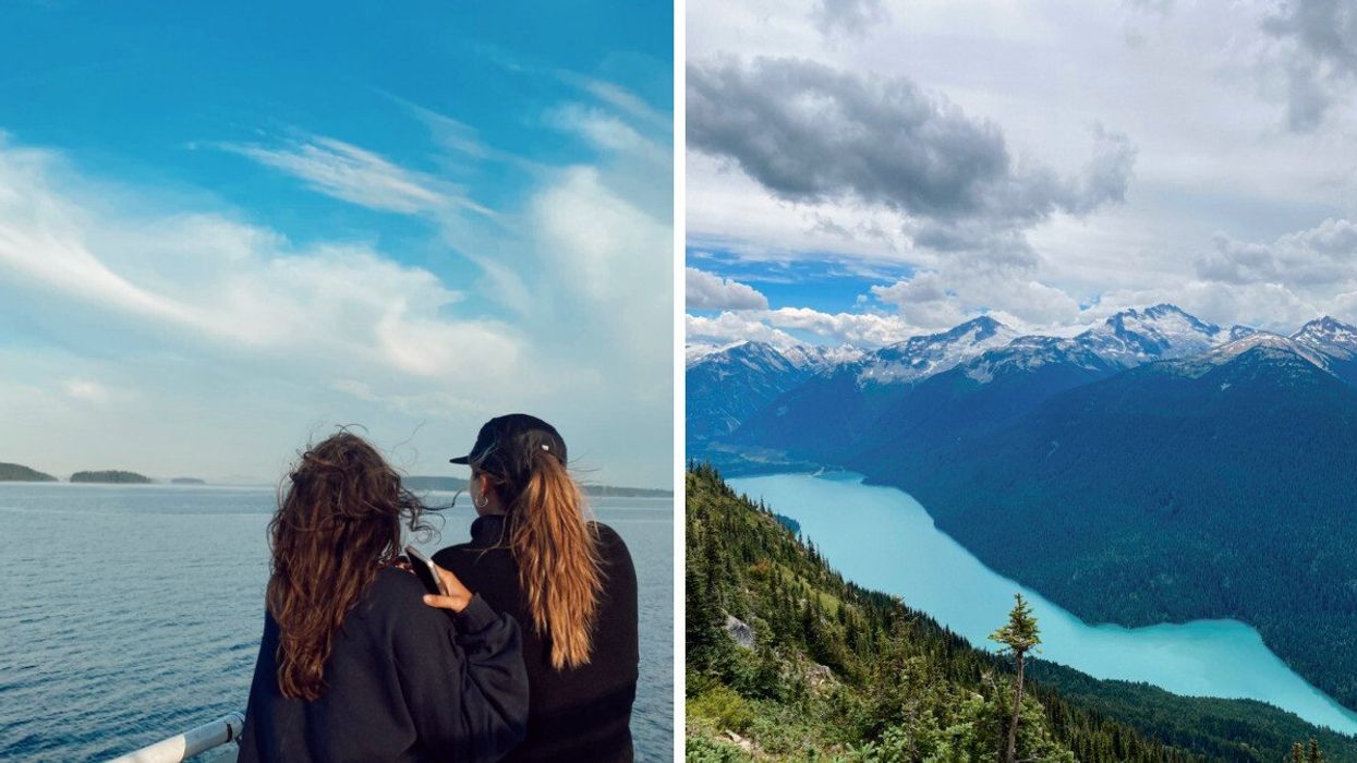 Two people on BC Ferries. Right: View from a hike in Whistler, B.C.