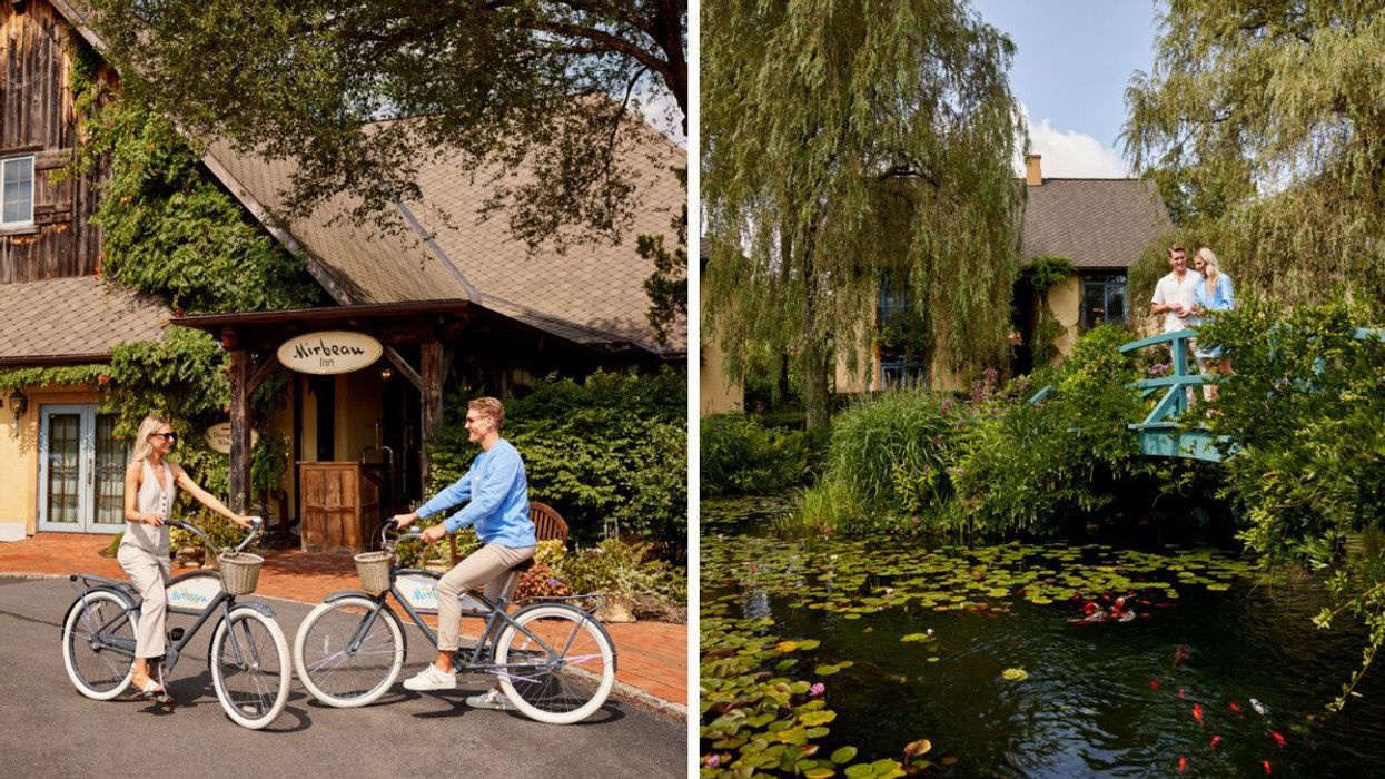 Two people on bicycles. Right: People standing on a bridge by a lily pond.
