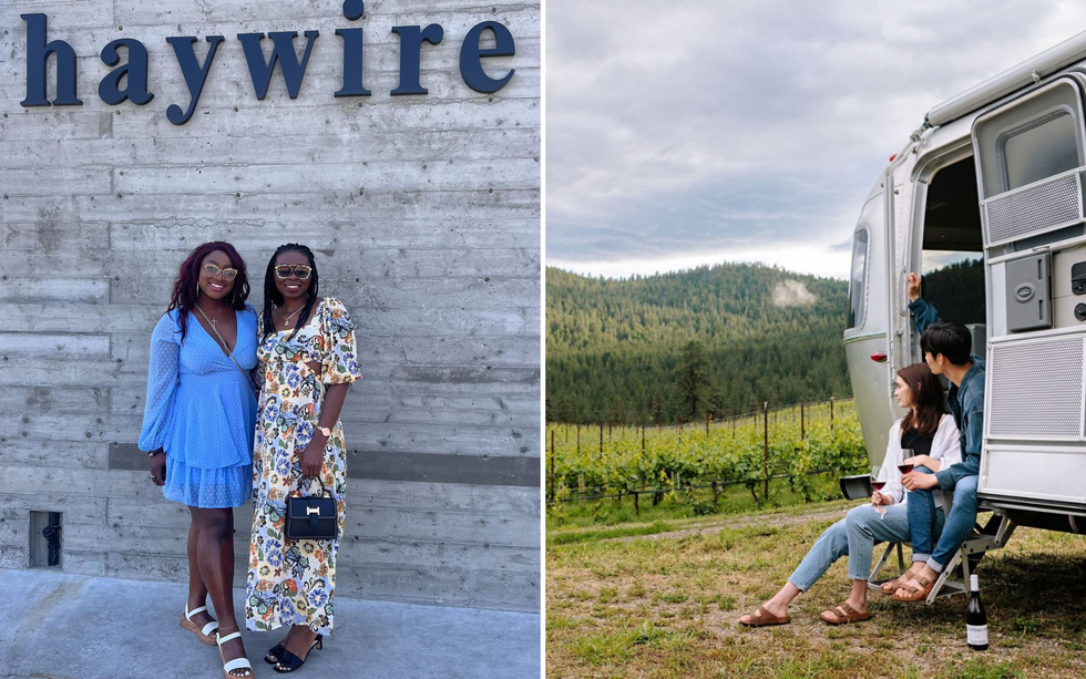 Two people pose under the sign for Haywire Winery. Right: Two people overlook a vineyard from the door of an Airstream trailer.