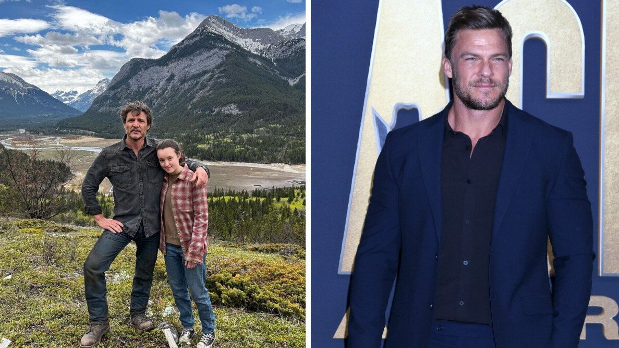 Two people posing for a photo with the mountains behind them. Right: A man in a suit posing for a photo.