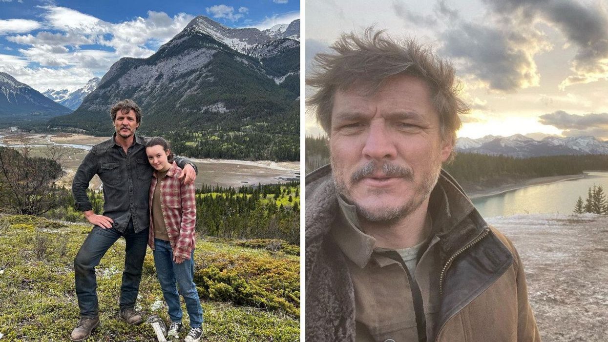 Two people posing for a photo with the mountains behind them. Right: A man taking a selfie.
