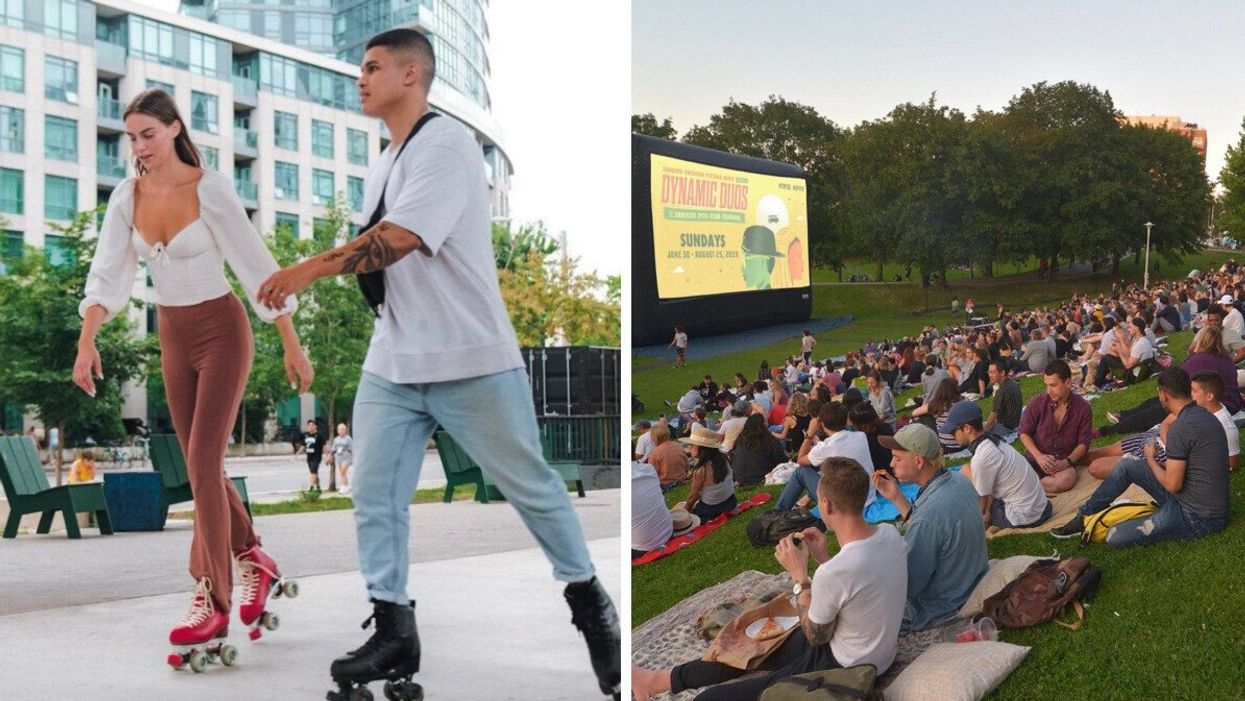 Two people rollerskating at SUSO Summer Solstice Skate Company. Right: A Toronto Outdoor Picture Show screening.